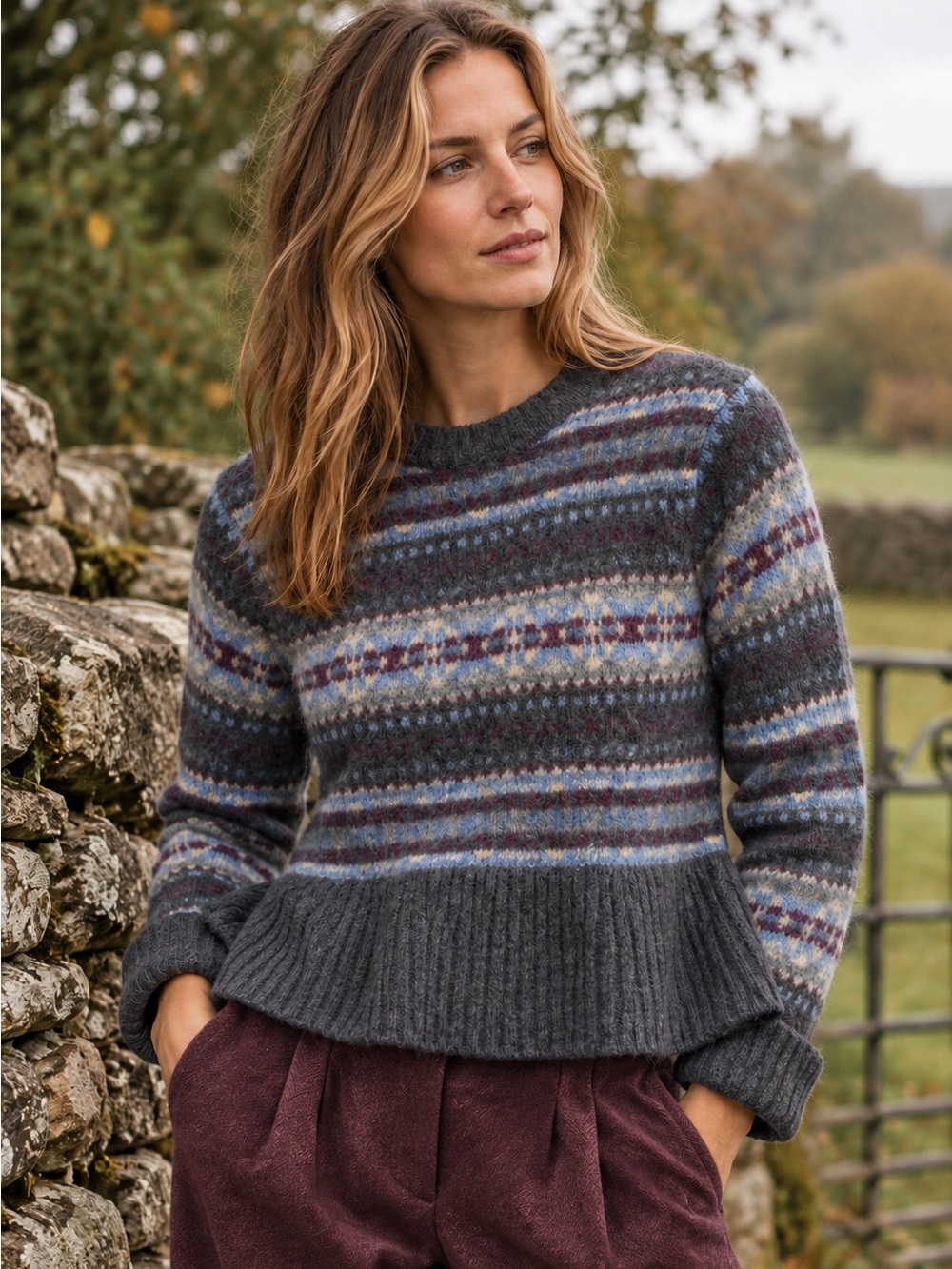 Harley of Scotland Fair Isle 100% Wool Sweater M Scottish Heritage Peplum